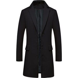 💫 Men Black Mid Long Trench Coats Classic Wool Blend Single Breasted Jackets
